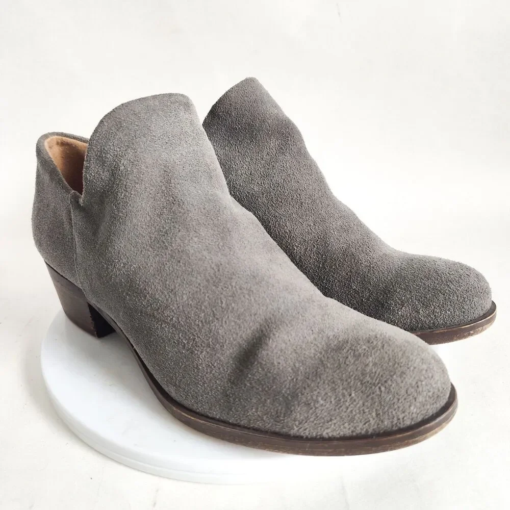 Lucky Brand Brett Gray Suede Ankle Boots Size 6 Zip Low Top‎ Boho Preppy Braided
